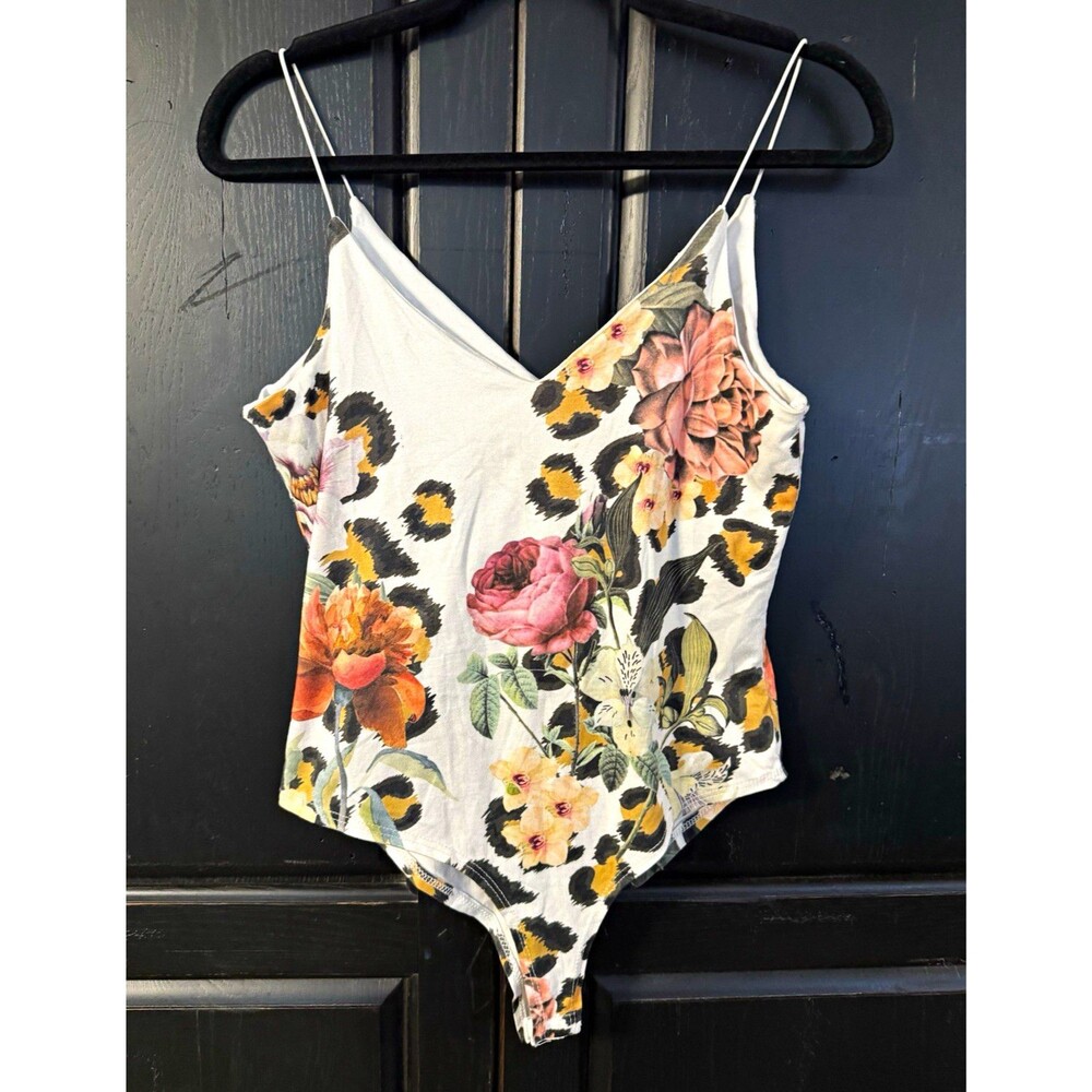 Gaze Women’s White Multicolor Floral Spaghetti Strap Bodysuit, Size S